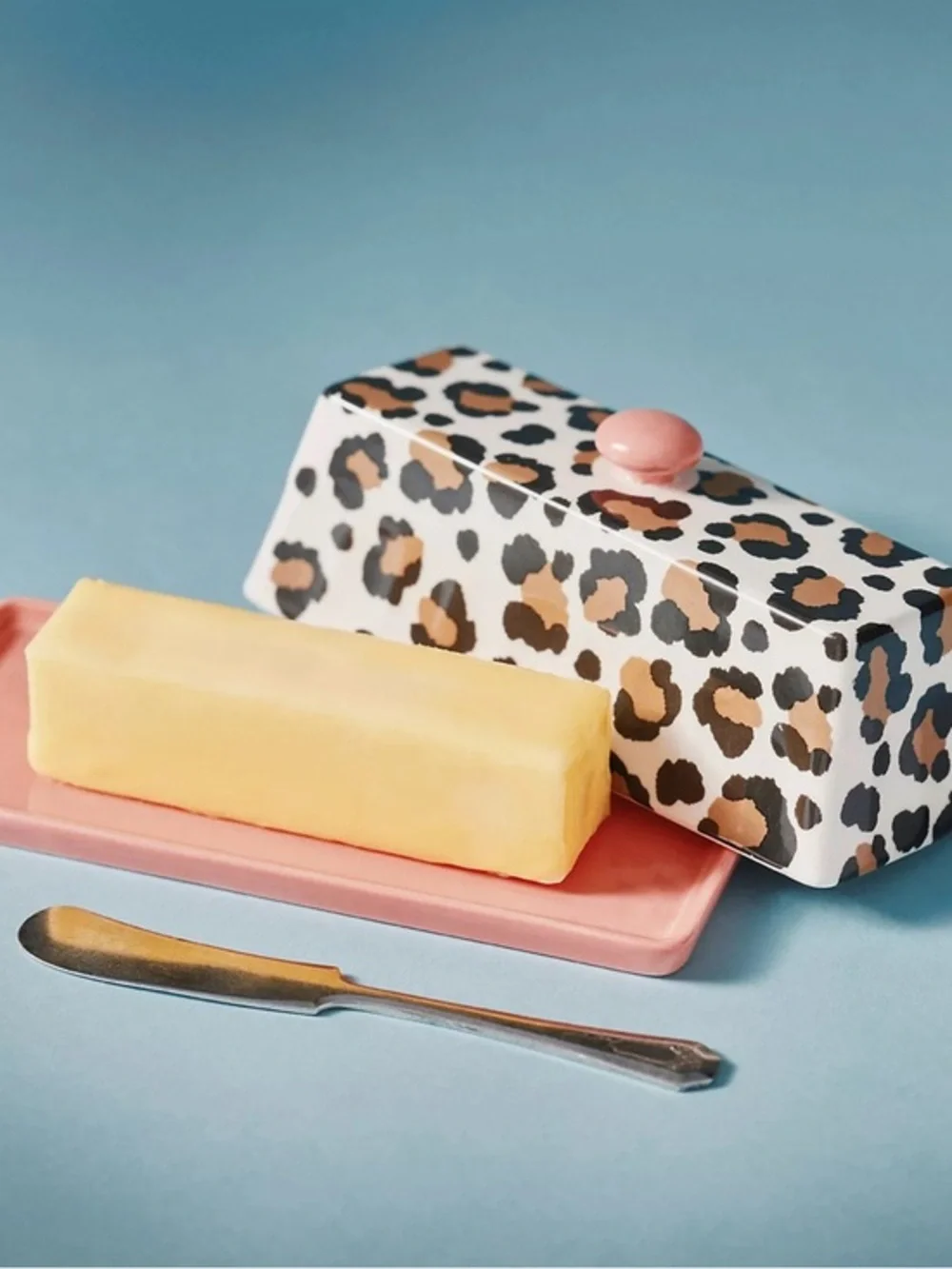Anthropologie Leopard Print Stoneware Butter Dish with Pink Base and Knob - Picture 1 of 4